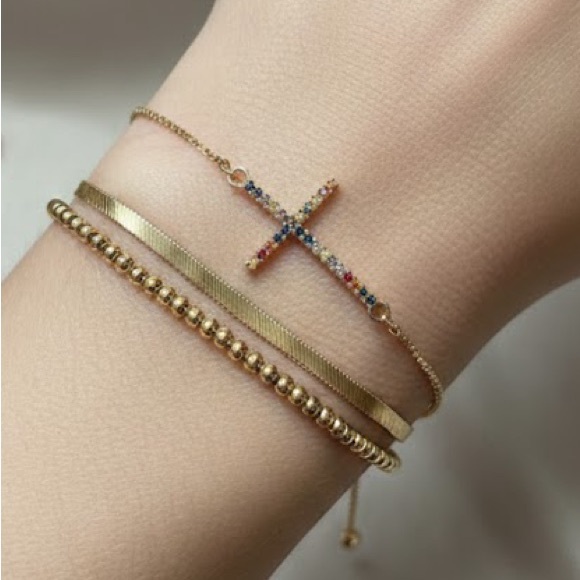 New Designer/Boutique Gold Cross with Multicolor Stones Adjustable Bracelet. - Picture 2 of 3